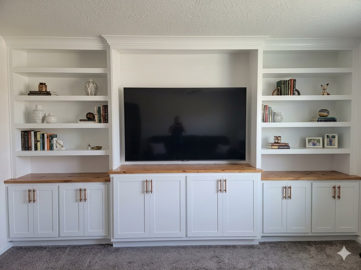 Built-in entertainment center with wood countertops