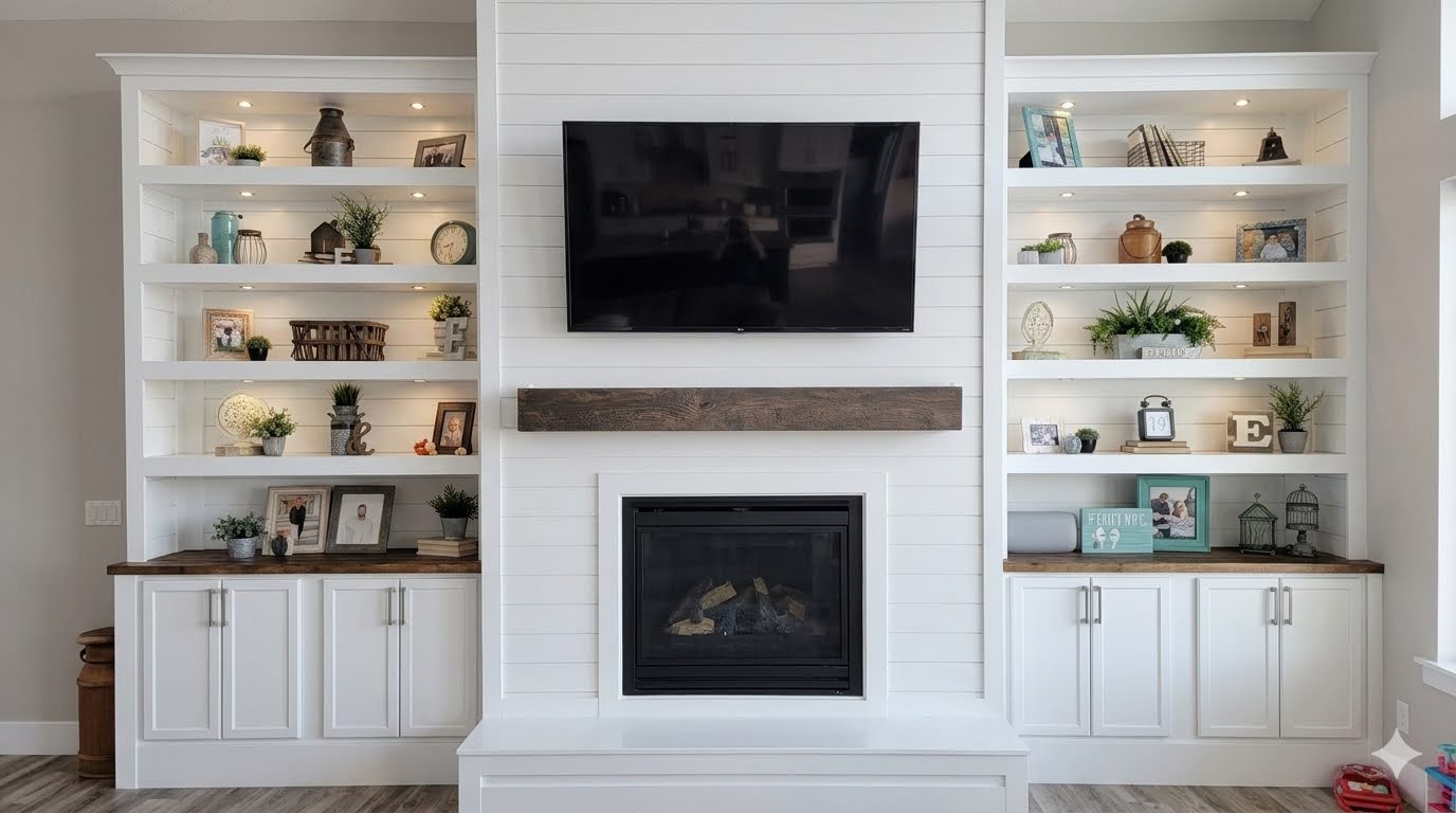 Custom built-in entertainment center with shiplap fireplace