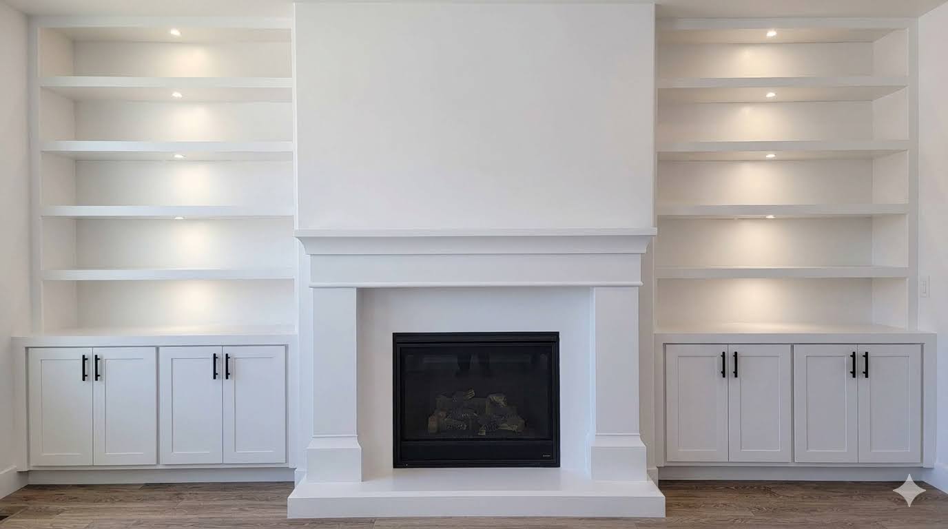 White built-in shelving with fireplace surround