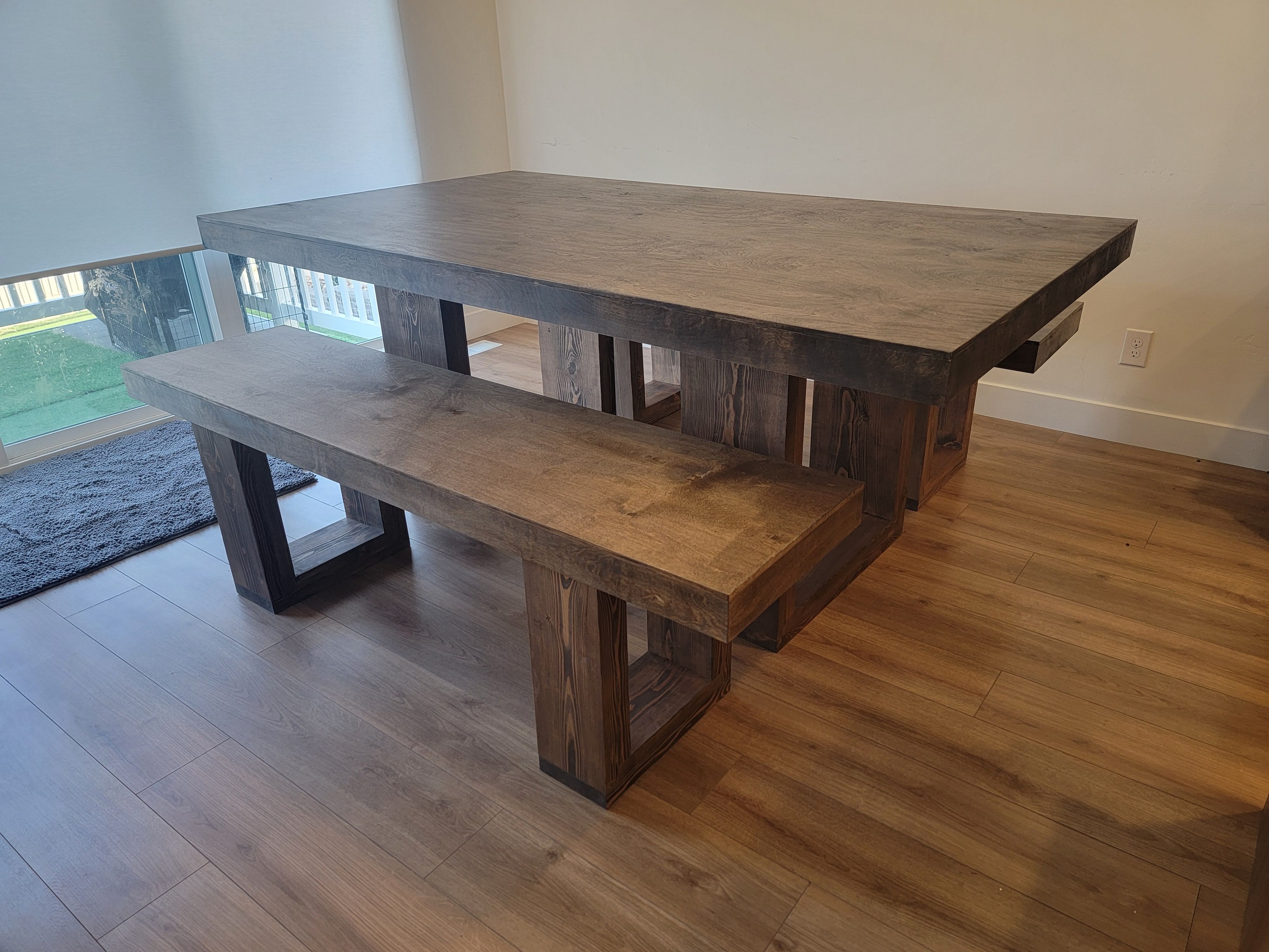 Custom wood dining table with bench