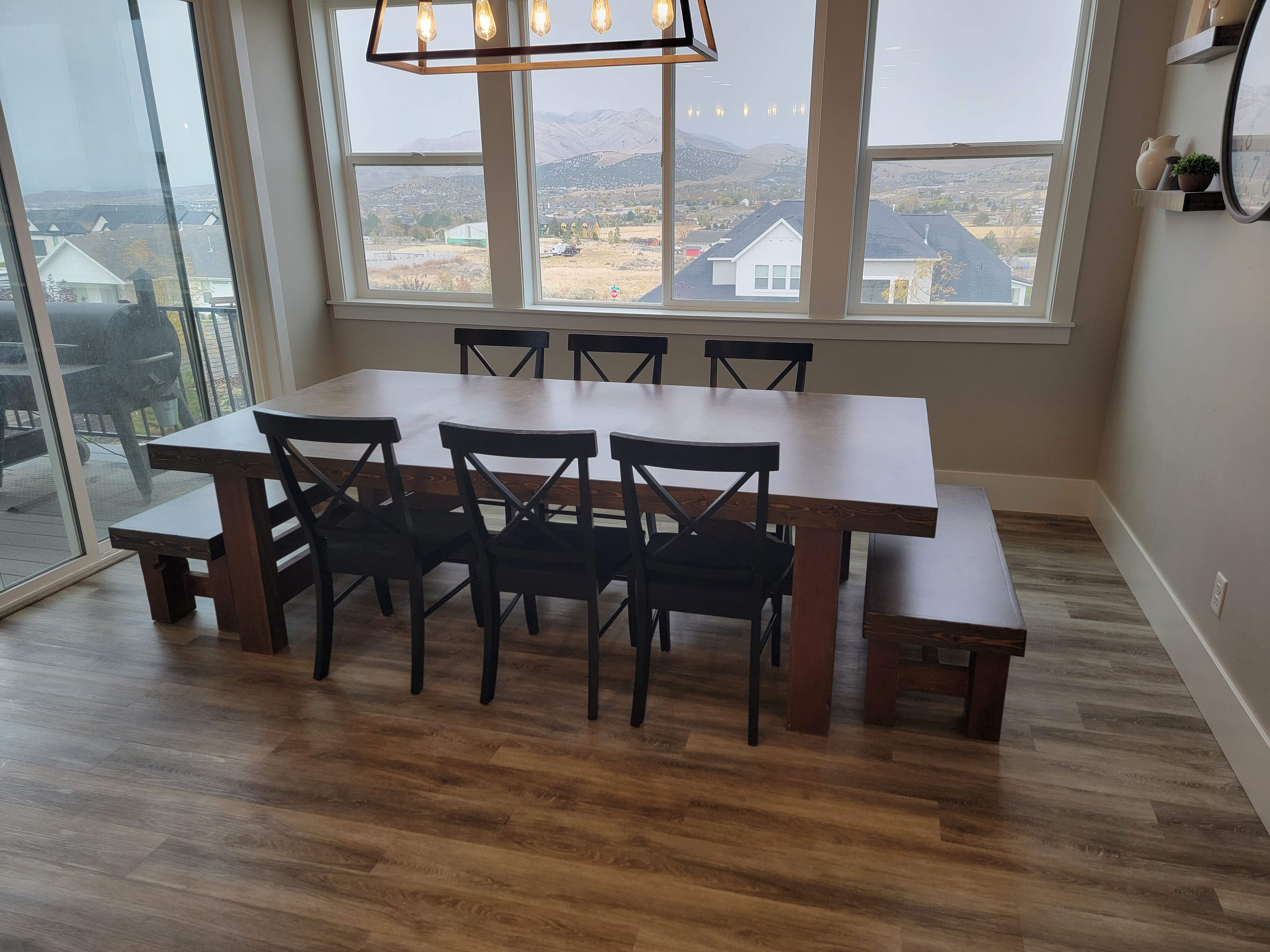 Handcrafted dining table with mountain views