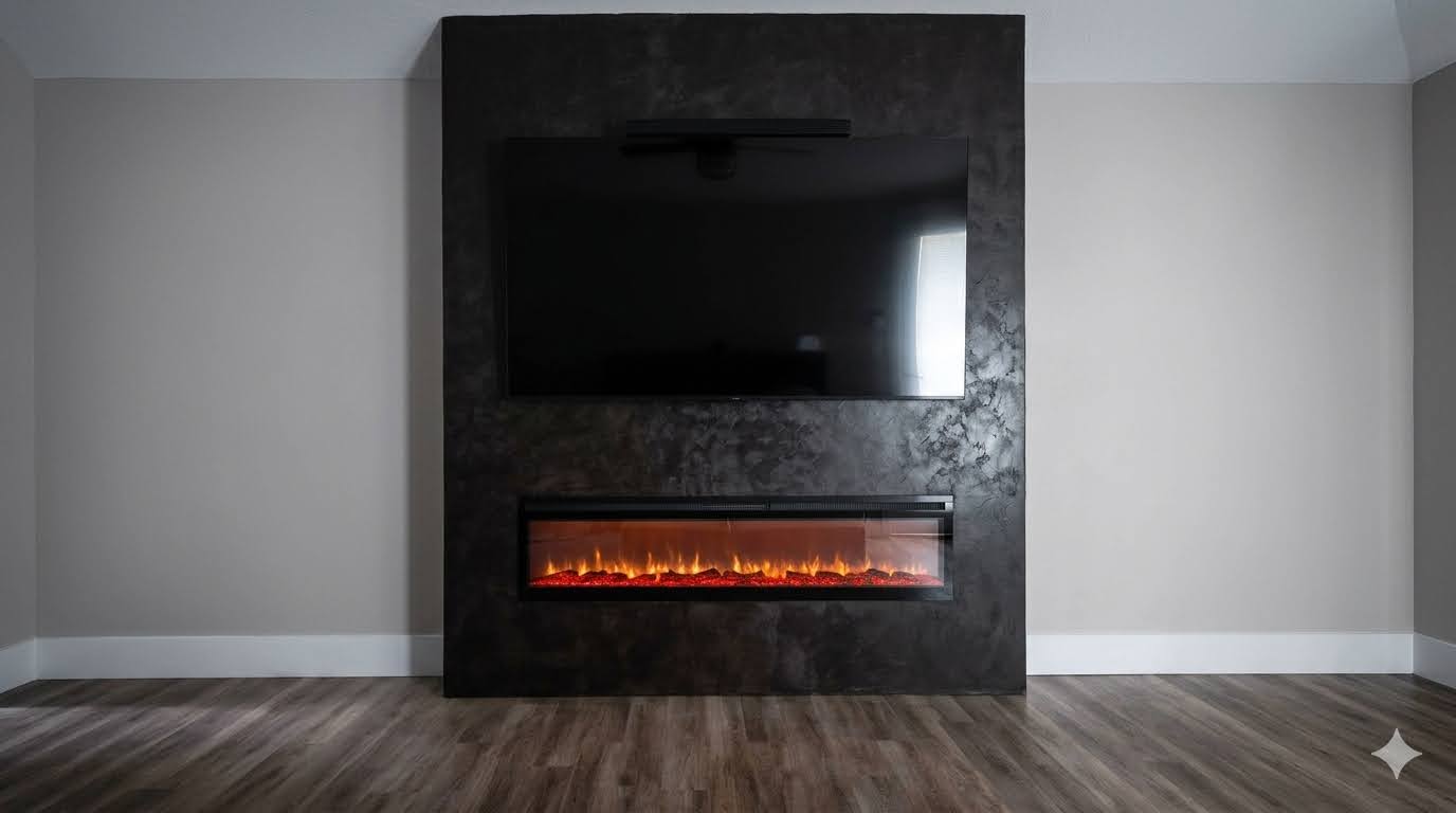Modern venetian plaster fireplace wall