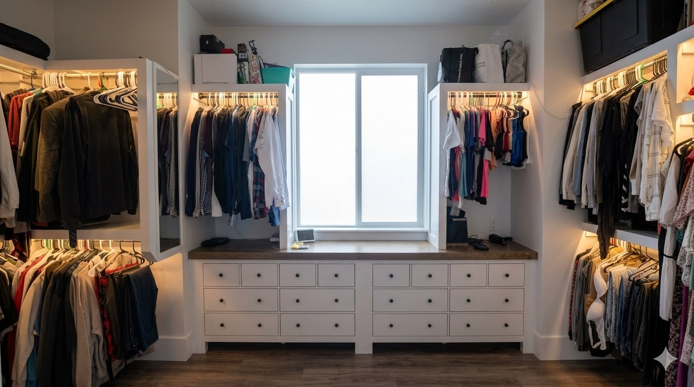 Custom walk-in closet with built-in drawers and lighting